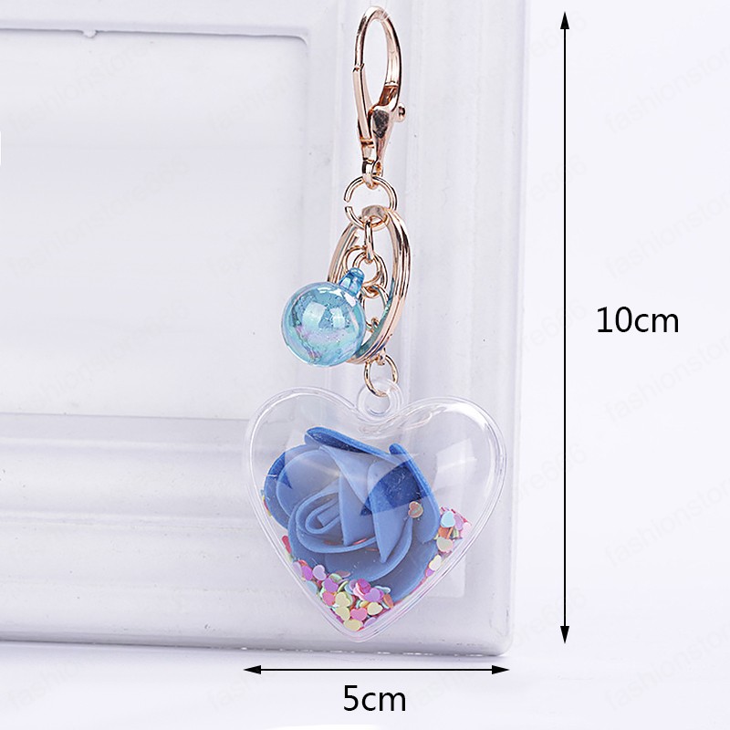 Fashion Heart Sequins Glitter Rose Keychain Pendant Transparent Plastic Eternal Flower Key Chain Women Car Handbag Keyring