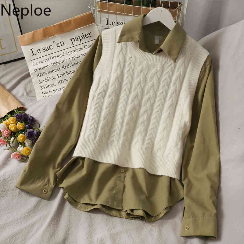 Neploe Fall Clothes for Women Two Piece Set Solid Color Shirts Tops Knitted Sweater Vest Chic Korean Suit 2 Piece Outfits Woman 210422