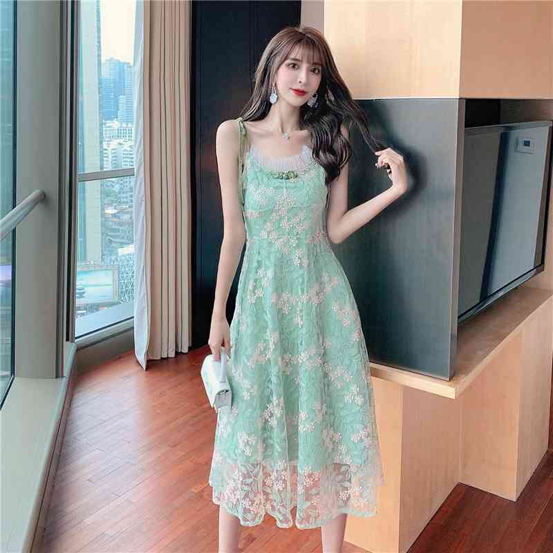 Women's Suspender Floral Dress Summer Korean Fashion Lace Collar Temperament Female Vestidos Chiffon Dresses 210515