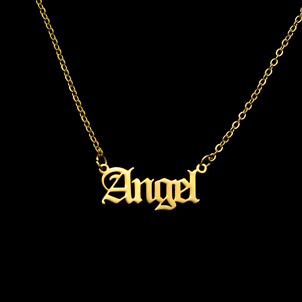 10PCS Old English Letter Word Angel Necklaces Stainless Steel Initial Alphabet Name Logo Pendant Charm Chain Minimalist Collar Choker Jewelry for Wome
