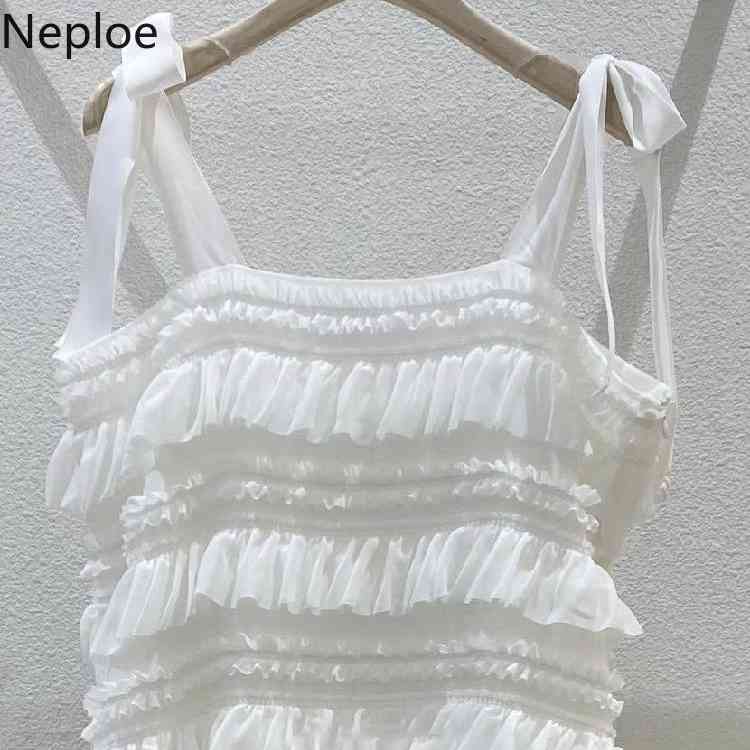 Neploe Vestido De Mujer Summer New Sweet Cascading Ruffle Sleeveless Cake Dress Korean Slim Sweet Fashion Strap Dresses Women 210422