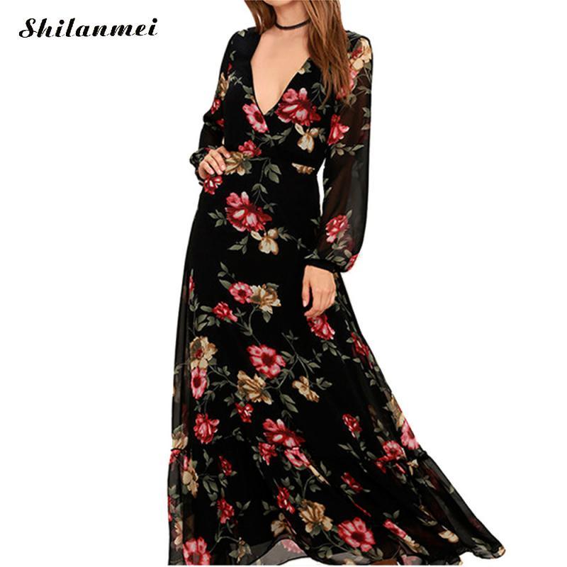 Casual Dresses Autumn Winter Sexy V Neck Floral Women Dress Longue Long Sleeve Bohemian Style Black Party Vintage Robe, As pic
Casual Dresses Autumn Winter Sexy V Neck Floral Women Dress Longue Long Sleeve Bohemian Style Black Party Vintage Robe, As pic