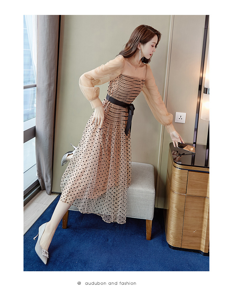 Retro Mesh Gauze Lace-up Dress Polka Dot Puff Long Sleeve High Waist Pleated es Sexy Women Party 210519