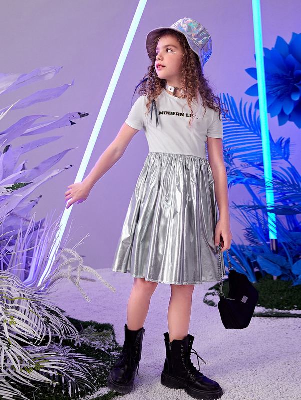 Girls Slogan Graphic Metallic Dress SHE