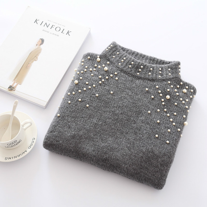 winter warm Pearls beads sweaters women's lantern sleeve knitted turtleneck Loose pullover female grey for women 210428