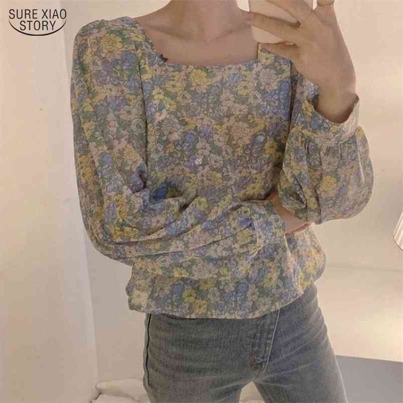 Streetwear Printed Chiffon Blouse Women Shirts Long Sleeve Tops Vintage Floral Loose Office Lady Blouses Blusas 10113 210506