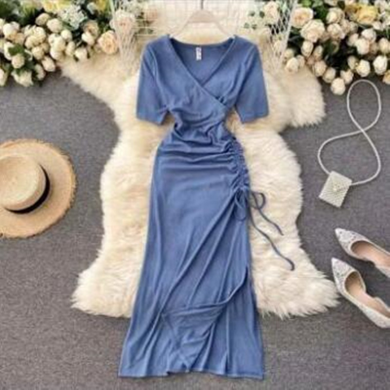 Women's Summer Spring Draw String Fold Slim Fit Fashion Dress Split V Neck Short Sleeve High Waist Ladies 210520, Blue
Women's Summer Spring Draw String Fold Slim Fit Fashion Dress Split V Neck Short Sleeve High Waist Ladies 210520, Blue