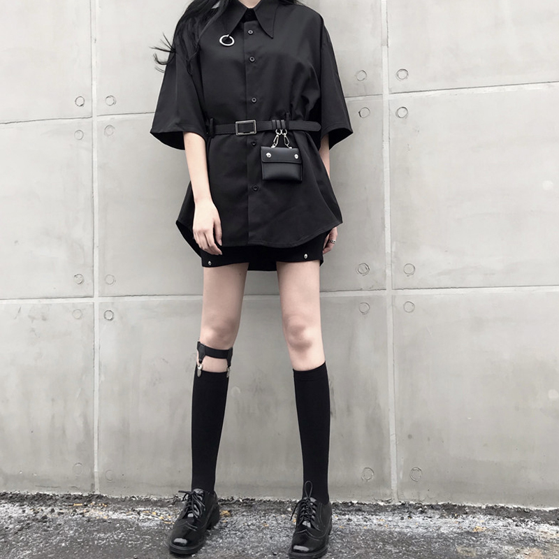 Korean Loose Long Shirt Women Summer Top Black Blouse Harajuku Style Streetwerar Blusas with Belt Wallet 22879 210519