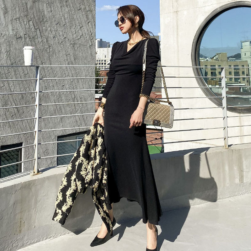 Autumn Winter Women O-Neck Knitted Dress Elegant Temperament Casual Slim Long Sleeve Solid es 210506