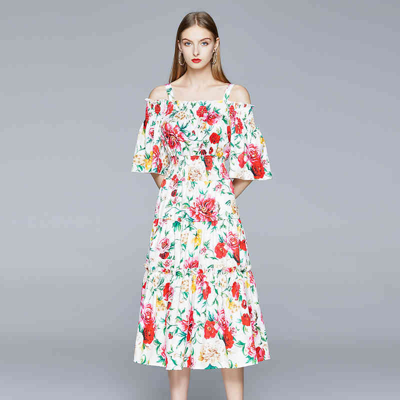 est Summer Holiday Dress Runway Women's Rose Print Spaghetti Strap Sexy Slash Neck Elastic Waist Long Dresses 210506
