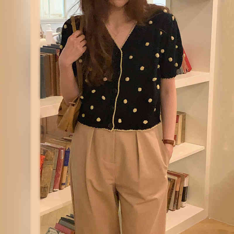 Women Sets Summer Korean Chic Retro V-Neck Three-Dimensional Fur Ball Knitted Sweater High-Waist Casual Trousers 210514