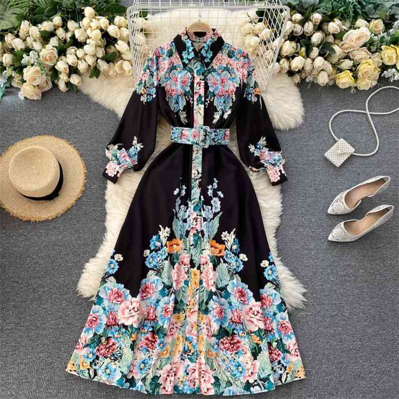 Spring Autumn Retro Print Maxi Dress For Women Korean Turn-down Collar Puff Sleeve A-line Dresses Bohemian Streetwear 210428