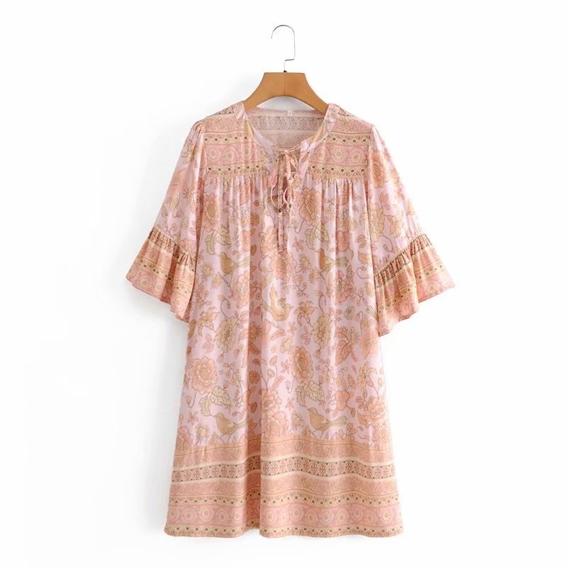 Causal Women Print Loose Cotton Dress Fashion Ladies Bow Tassels Vestidos Boho Female Chic Flare Sleeve Dresses 210430