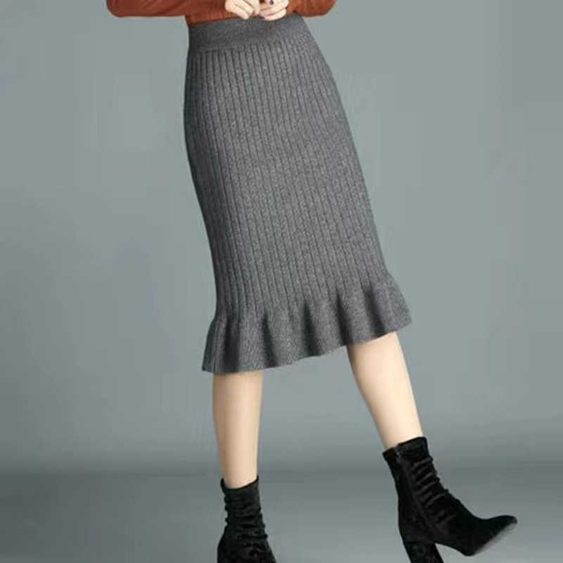 Women skirt plus size wool long fishtail autumn and winter high waist all-match knitted bag hip female 210621