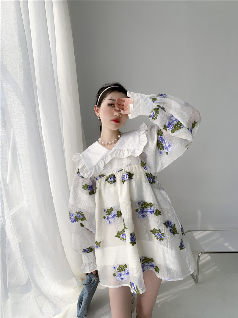 Petal Jacquard Ruffle Neck Long Sleeve Dress Ball Gown For Women Spring White Cute Floral Mini Korean Style 210427