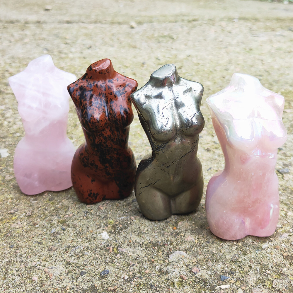 

8 cm Crystal Goddess Natural Rose Quartz Statue Pyrite Carved Woman Torso Red Obsidian Gem Body Sculpture Aura angel stone Yoga Polished Energy Healing Home Decorate