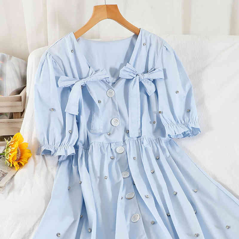 LoveFlowerLife Summer Casual Single Breasted Dress A Line Puff Sleeve Button High Waist Mid-Calf Women Dresses 210521