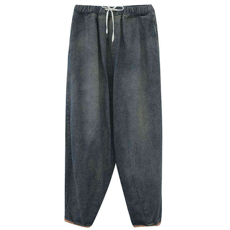 7076 Women Fashion Spring Summer Korean Elastic Waist Oversize Wide Leg Pant Female Casual Loose Ankle Length Jeans Streetwear 211129
