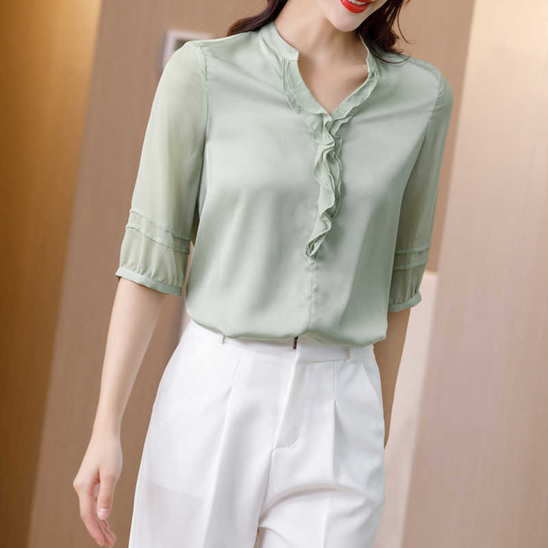 Korean Silk Women Blouses Shirt Ruffles Satin Blouse Office Lady V Neck Top Plus Size Blusas Femininas Elegante 210531
