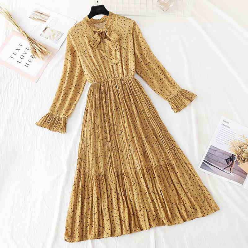 Spring Summer Chiffon Dress Casual Flare Sleeve Vintage Print Pleated Midi Dress Elegant Party Dress Elastic Waist Vestidos 210521