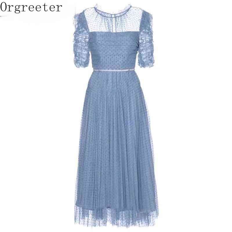 Summer Dot Printted Pleated Long Dress For WOmen Short Sleeve Retro Mesh Robe Party Vestidos With Shinny Diamonds Belt 210525, Blue
Summer Dot Printted Pleated Long Dress For WOmen Short Sleeve Retro Mesh Robe Party Vestidos With Shinny Diamonds Belt 210525, Blue