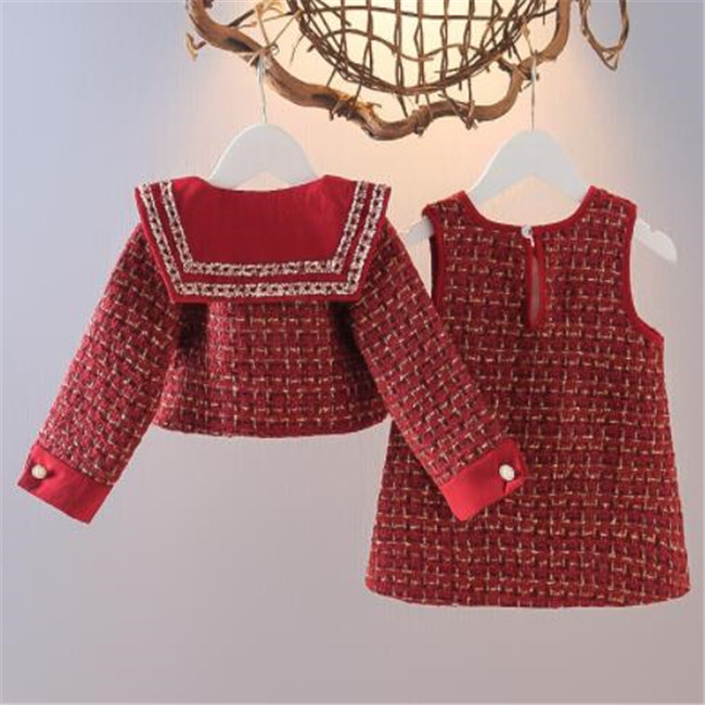 Fashion Kids Girls Plaided Clothes Set Spring Autumn Children Princess Baby Long Sleeve Coat Outwear+Tank Dress 2pcs Sweet Suit