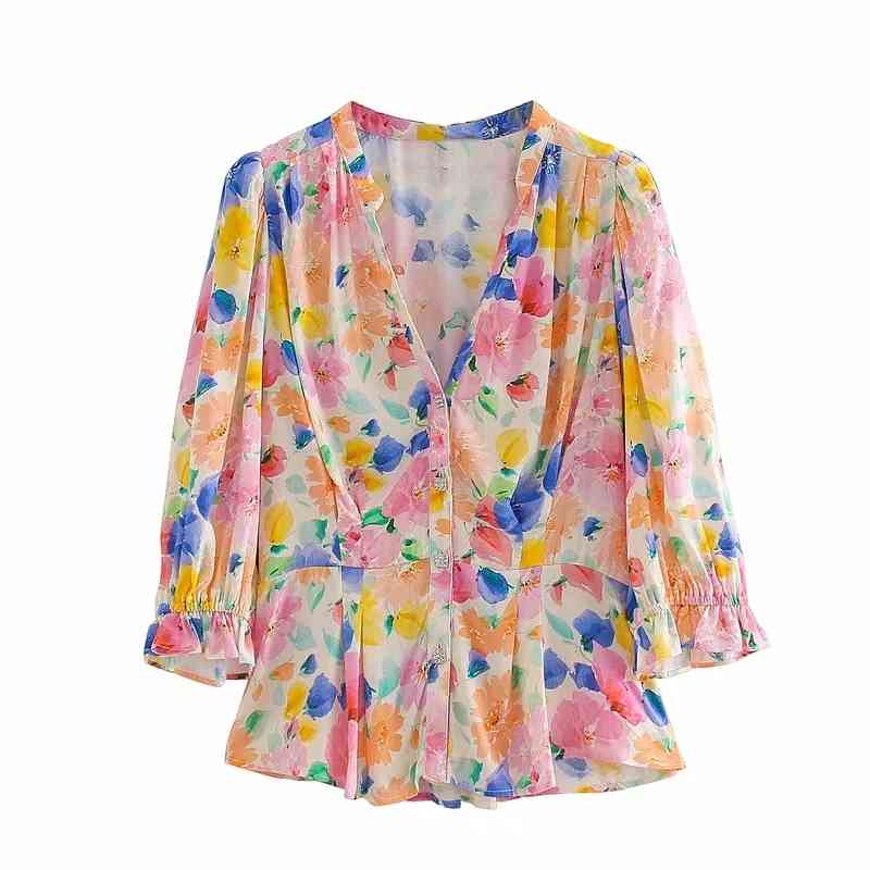 fashion women long shirts summer boho ladies floral print female blouses v nect button girls 210430