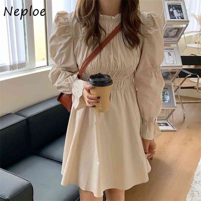 Korean Style Puff Long Sleeve Women Dress Elegant Slim Fit Pleated Vestidos Office Lady Solid High Waist Mini Dresses 210422Z
