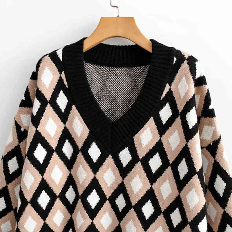 Vintage Woman Rhombus Plaid V Neck Sweater Fashion Ladies Autumn Oversized Knitted Tops Female Chic Soft Sweaters 210515