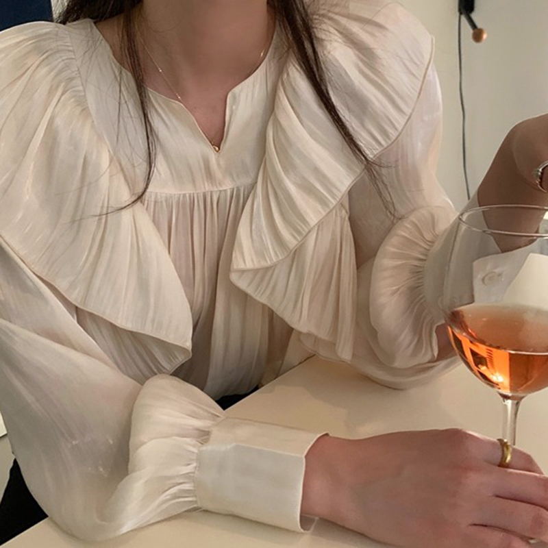 Nomikuma Women Blouse Korean Pleated Ruffle Patchwork Shirt Causal Lantern Long Sleeve V-neck Blusas Ropa De Mujer 6D960 210427