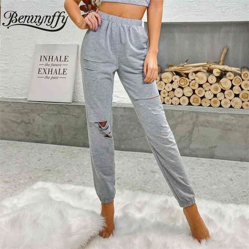 Solid Elastic Waist Sweatpants Women Spring Summer Knit Casual Hole Pants Female High Straight 210510