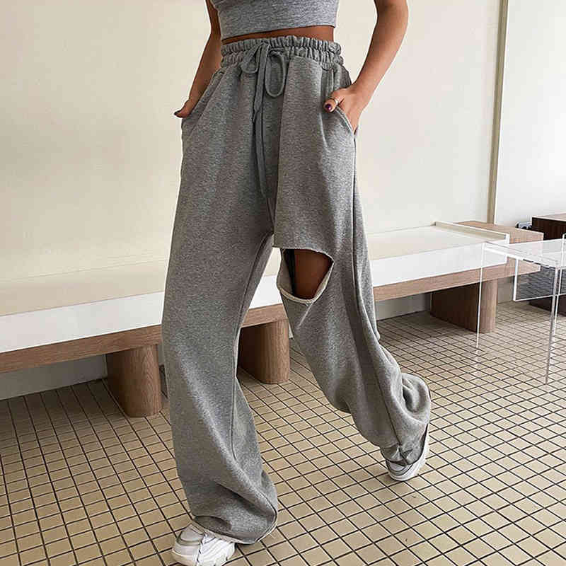 Casual Asymmetrical Women Full Length Pants High Waist Lace Up Bow Ripped Hole Wide Leg Pant For Female Clothes 210521