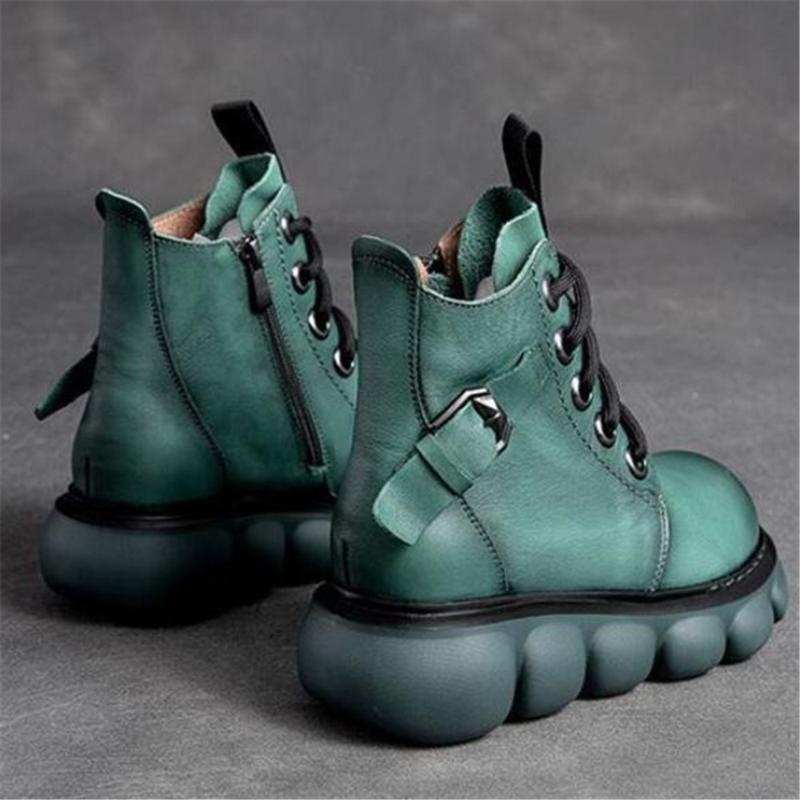 Boots Vintage Mother Wedges Genuine Leather Ankle Boot For Women Lace-Up Winter Non Slip Shoes Female Platform Fashion Buckle