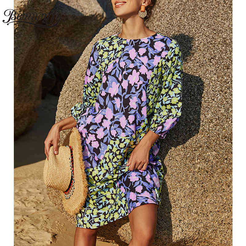 O-Neck Boho Print Loose Casual Dresses Womens Fashion Summer Holiday Style 3/4 Sleeve Knee Length Dress 210510
