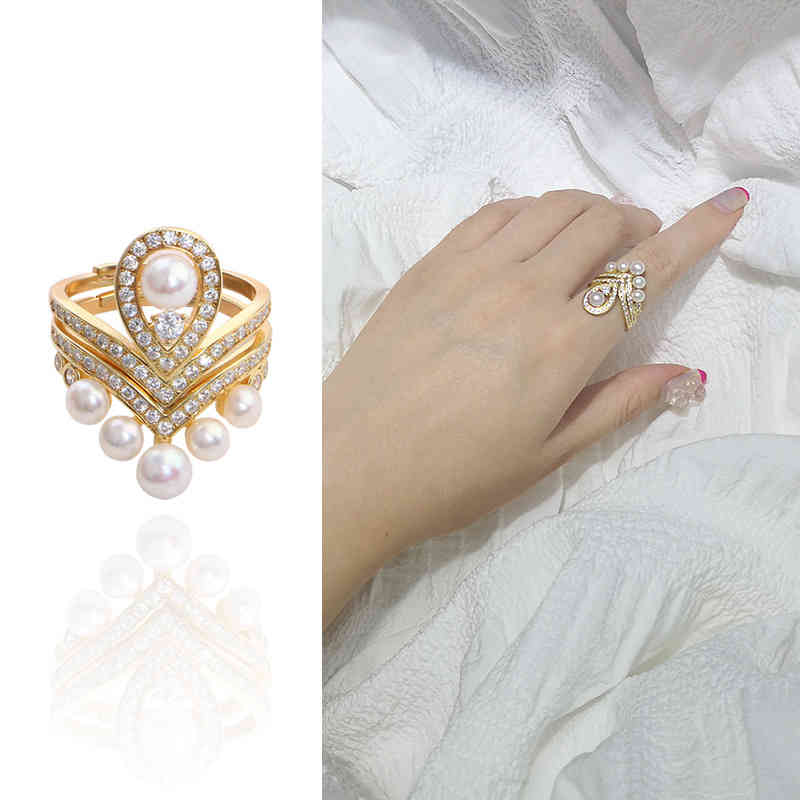 Ins Fashion Jewelry S925 Silver Pearl Fresh Water Ring Personality Versatile Crown Overlay Hand