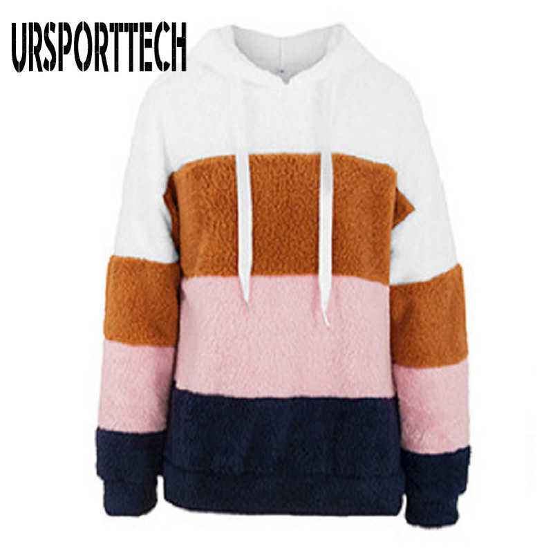 Fax Fur Hoodies Women Hooded Sweatshirt Striped Long Sleeve Autumn Pullover Ladies Thick Warm Teddy Hoodie Casual Streetwear 210528