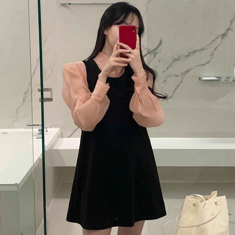 Nomikuma Korean Chic Women 2pieces Sets Turn-down Collar Single Breasted Puff Sleeve Blouse + A-line Tank Dress New Suits 6E361 210427