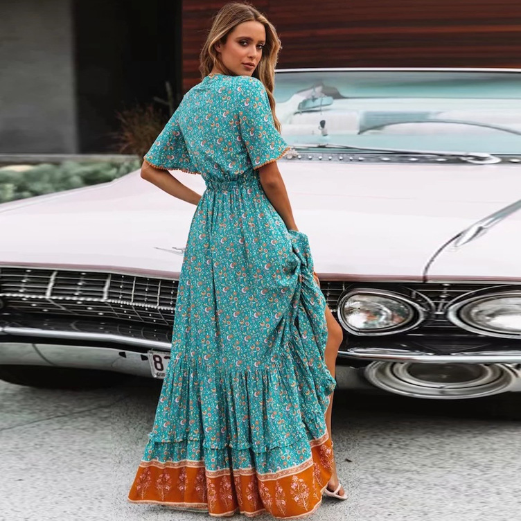 Women Dress Printed Bohemia es Sexy Long Print Floral Maxi V Neck Lace Up Ruffle Plus Size Summer es 210513