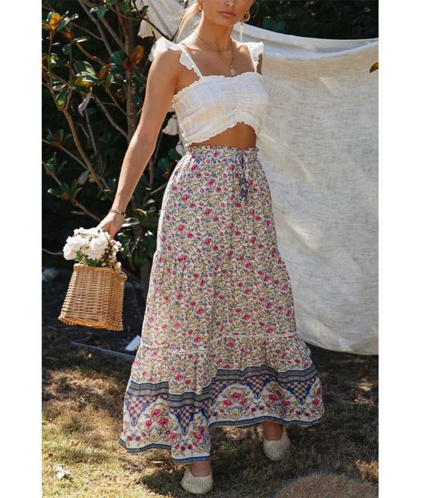 DAILOU Vintage Chic Long Skirts Women Floral Print Beach Bohemian Skirt Summer High Elastic Waist Rayon Cotton Boho Maxi 210619