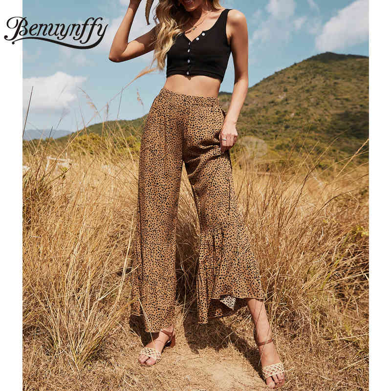 Summer Casual Fashion Leopard Print Trousers for Women Loose Elastic Waist Flared Long Pants Clothing 210510