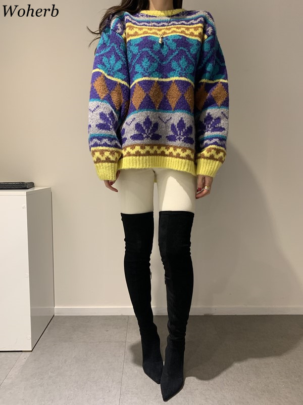 Knitted Pullovers Oversized Outwear Fall Woman Clothes Vintage Sweet Argyle Jumper Korean Fashion Female Sweaters 210422