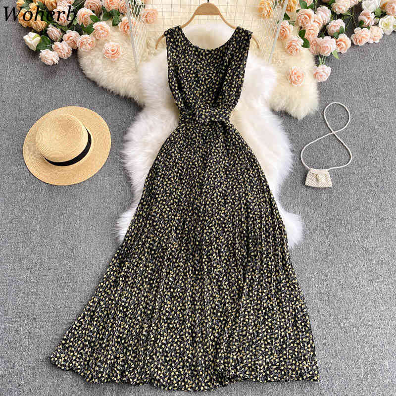 Chiffon Maxi Dress Women Vintage Temperament O Neck Slim Vestidos Floral Korean Pleated Elegant Dresses with Belt 4j410 210519