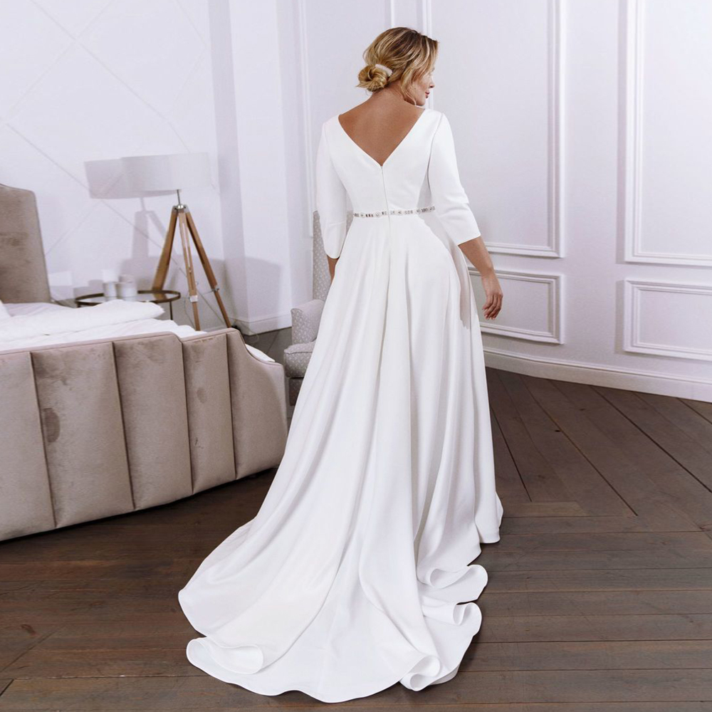 Plus Size Wedding Dress 2021 Simple 3/4 Sleeves Scoop Neck Bridal Gown with Pockets A Line Beading Belt Vestido De Noiva