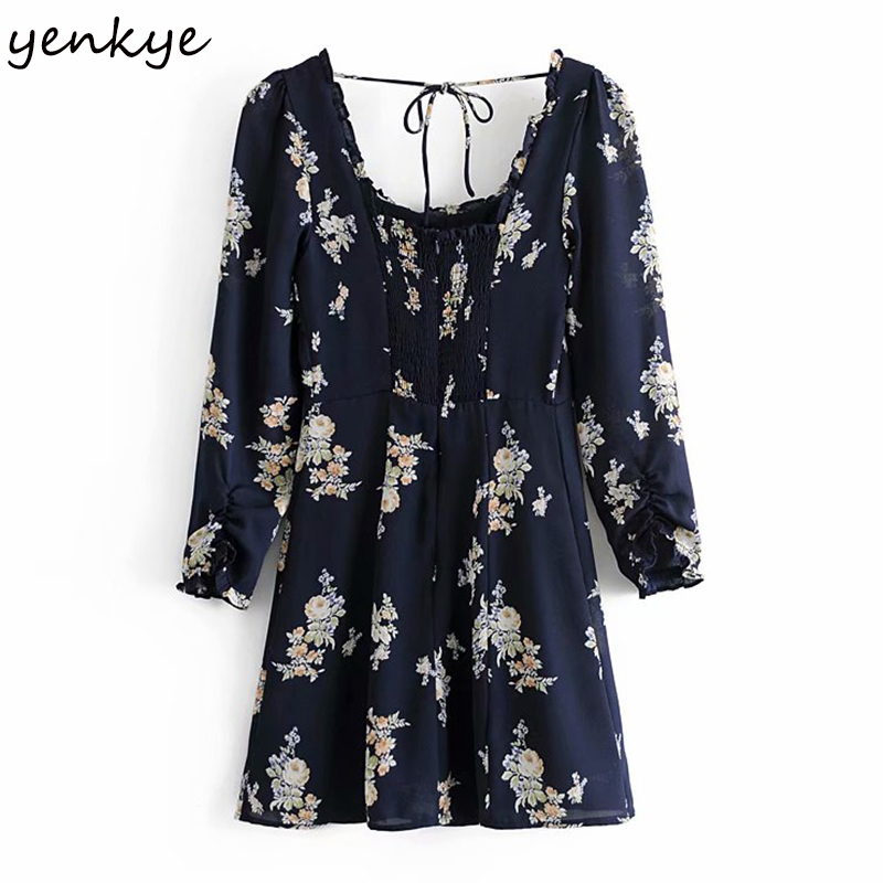 Vintage Floral Print Dress Women Sexy Backless Square Neck Long Sleeve A-line Slim Short Dress Elegant Female Summer Robe 210515
