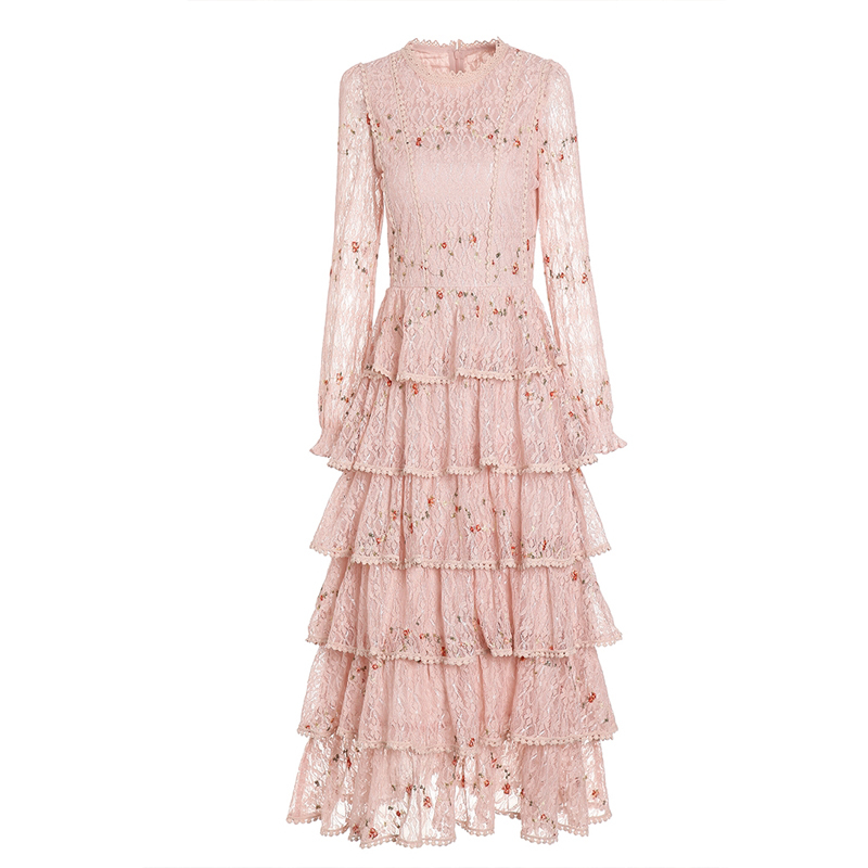 Spring Fashion Women Lace Embroidery Maxi Dress Female Long Sleeve Elegant Slim Ruffles Dresses 210519