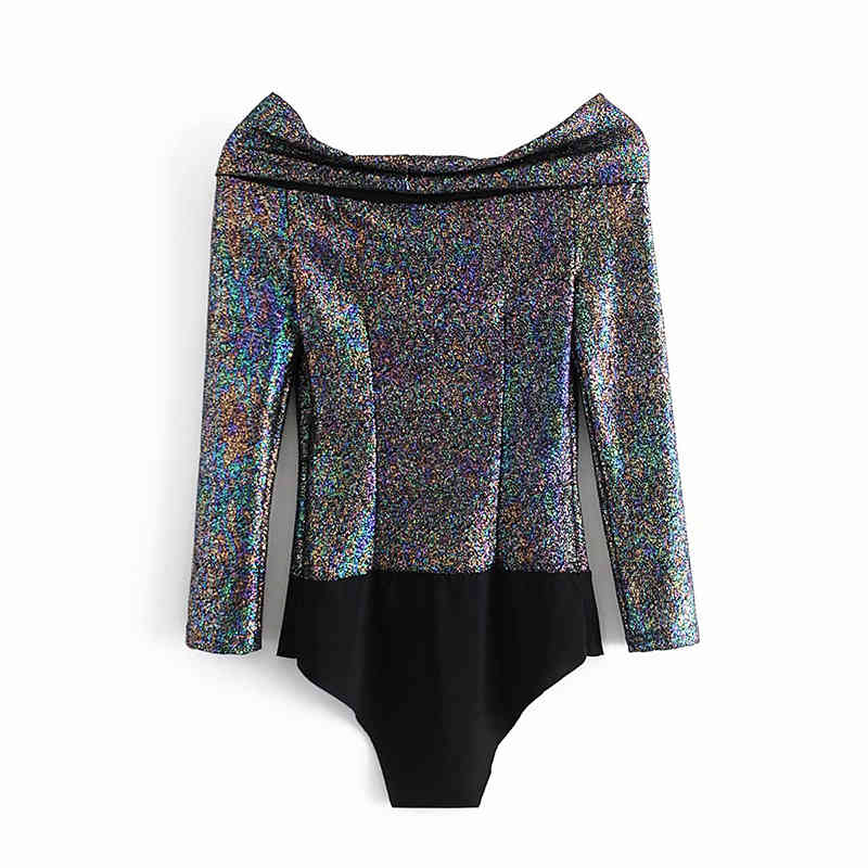 Womens Fashion Bright OneShoulder LongSleeved Bottoming Outerwear AllMatch TightFitting Jumpsuit Bodysuits 210521