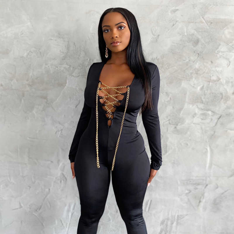 Colysmo Fall Black Jumpsuit Sexy Deep V Neck Chain Cut out Playsuit Slim Fit Long Sleeve Outfit Women Sports Wear 210527