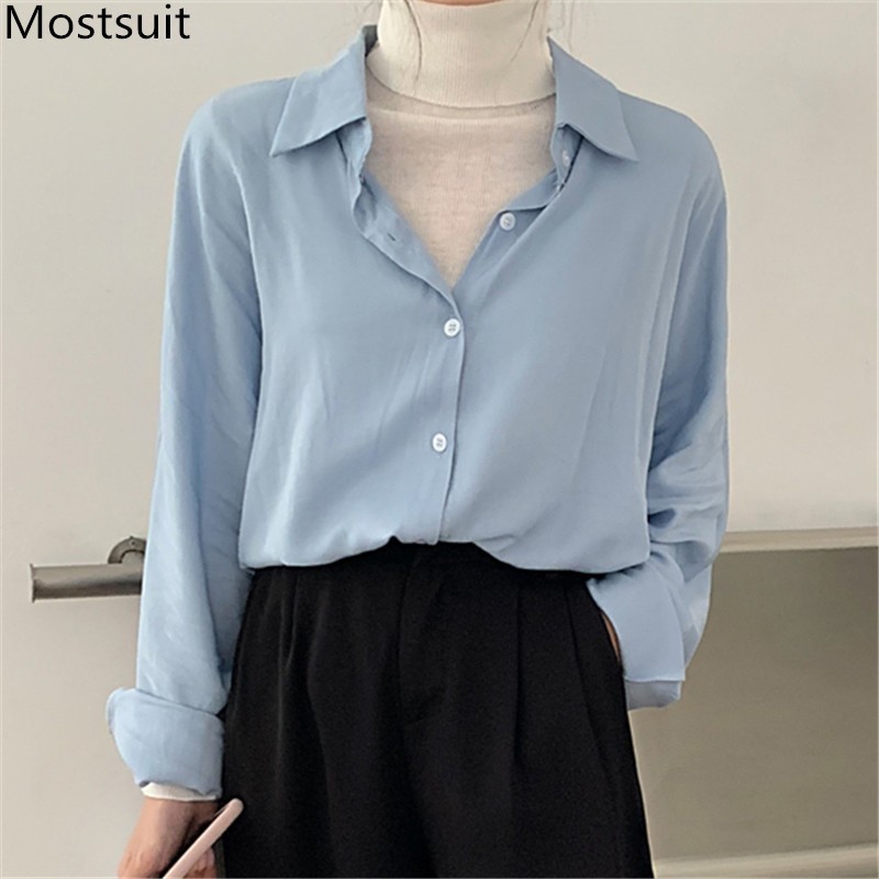 Autumn Korean Loose Women Blouses Shirts Full Sleeve Turn-down Collar Casual Fashion Solid Female Blusas Tops Femme 210514