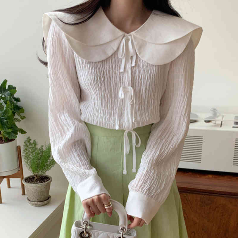 Nomikuma Women Blouse Korean Double Peter Pan Collar Hit Color Shirt Causal Sweet Bow Tie Tops Spring New Blusas Top 6G251 210427