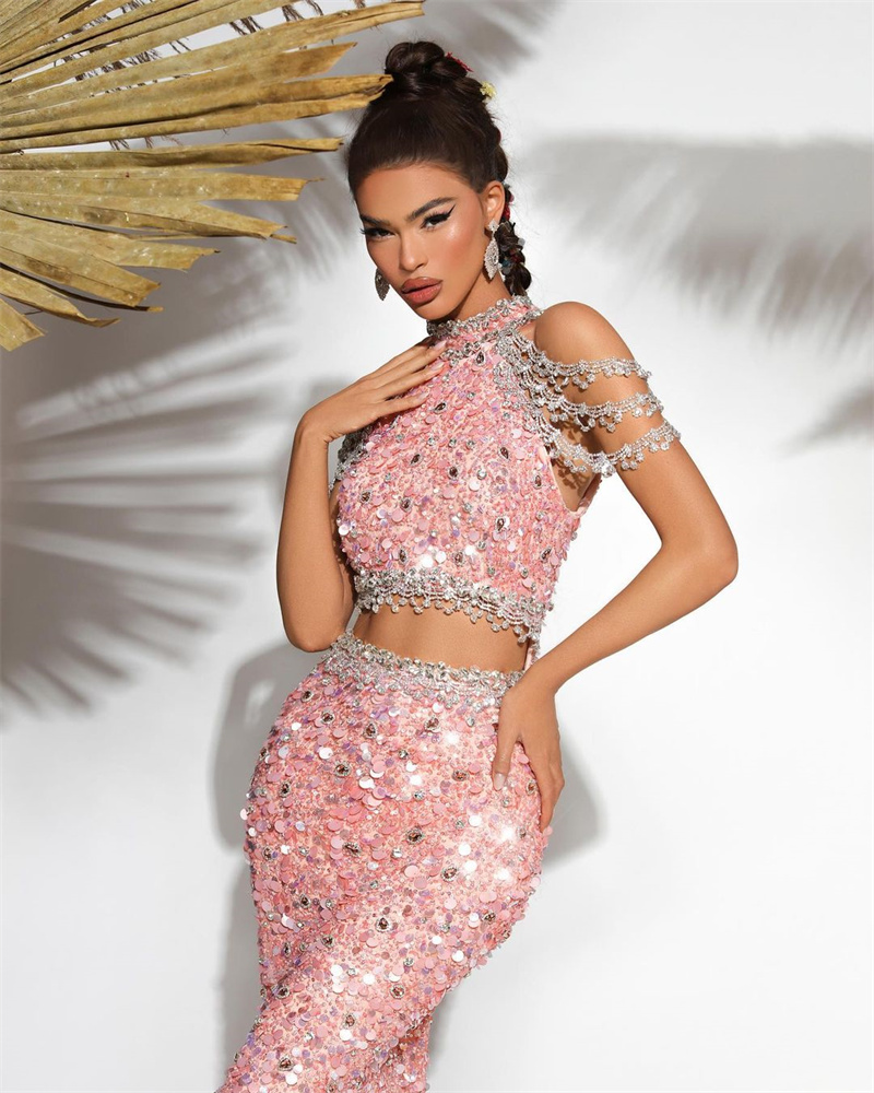 2 Pieces Glitter Mermaid Prom Dresses Pink Sequins Sleeveless Evening Dress Custom Made Crystals High Neck Celebrity Party Gown